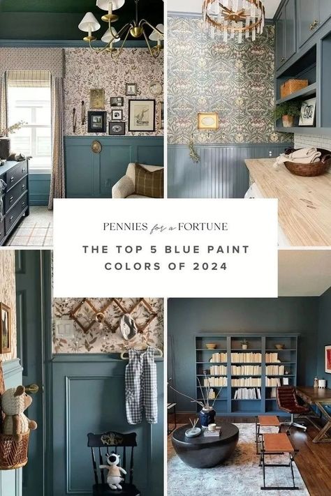 Are you looking to make a statement with your DIY home renovation while staying on trend with interior design styles? After scouring the internet for blue paint colors, I narrowed down the options to the 5 best blue paint colors of 2024 that will create a unique atmosphere in any room. From rich sapphire tones to add a dash of drama to mid-toned nautical blues, let’s take a look at some of the most universally appealing blue paint colors. Living Room Blue Paint Color Ideas, Medium Blue Living Room, Blue Painted Paneling, Smokey Blue Sw, Dusty Blue Wall Paint, Historic Home Interior Paint Colors, Mid Tone Blue Paint, Historic Blue Paint Colors, Earthy Blue Paint Colors