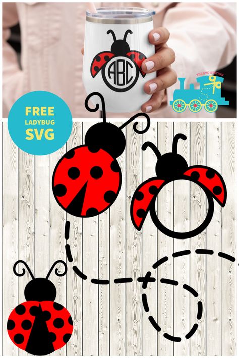 Free ladybug svg files on a wooden background. A woman holding a mug with a ladybug monogram svg example Ladybug Tshirt Ideas, 1st Birthday Cricut Projects, Ladybug Svg Free, Ladybug Svg, Digital Paper Free Download Printables Patterns, Cricut Animals, Joy Svg, Free Digital Scrapbooking Paper, Printable Valentines Day Cards