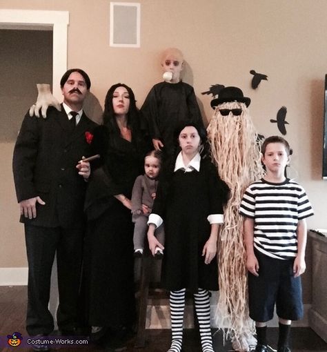 Our family dresses up every Halloween what could be better then the spooky Addams family!. The Adam’s Family Costumes, Adams Family Costumes For Family, Adams Family Costume Family Of 5, Adams Family Halloween Costumes Diy, The Adams Family Halloween Costumes, Adam Family Halloween Costume, Diy Adams Family Halloween Costumes, Addams Family Family Costumes, Lurch Addams Family Costume