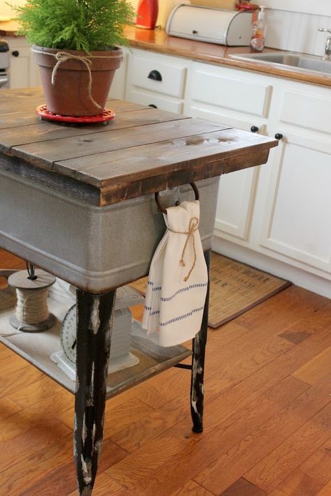 Vintage Inspiration Party #178 - Wash Tub Islands, Wooden Cubbies & More - Knick of Time ...... I have an old double wash tub with a bent metal top; maybe I could do something like this with it! Wooden Cubby, Mixer Cover, Farmhouse Kitchen Island, Quilt Modernen, Kitchen Island Decor, Wash Tubs, Modern Kitchen Island, Primitive Kitchen, Diy Kitchen Island