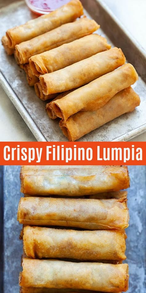 Lumpia are Filipino fried spring rolls filled with ground pork and mixed vegetables. This lumpia recipe is authentic and yields the crispiest lumpia ever. Filipino Spring Rolls, Phillipino Food, Lumpia Recipe, Easy Filipino Recipes, Chinese Food Recipes, Fried Spring Rolls, Spring Recipe, Rasa Malaysia, Spring Roll Recipe