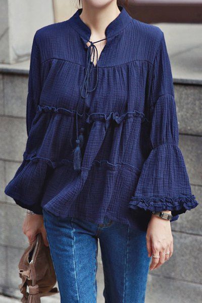 Stylish Stand Neck Long Sleeve Ruffles Women's Blouse Tunik Linen, Áo Blu, Winter Typ, Salwar Kamiz, Fashion Tops Blouse, Mode Boho, Cute Blouses, Maternity Tops, Ladies Tops Fashion