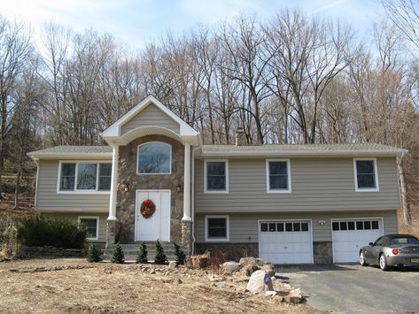 Bi-level converted to a colonial style home - Traditional - Exterior - New York - by IMPROVE or MOVE | Houzz Split Level Colonial House Exterior, Raised Ranch Entryway, Vestibule Entrance, Attic Addition, Entrance Vestibule, Split Foyer Remodel, Split Level House Exterior, Split Entry Remodel, Remodel Entryway