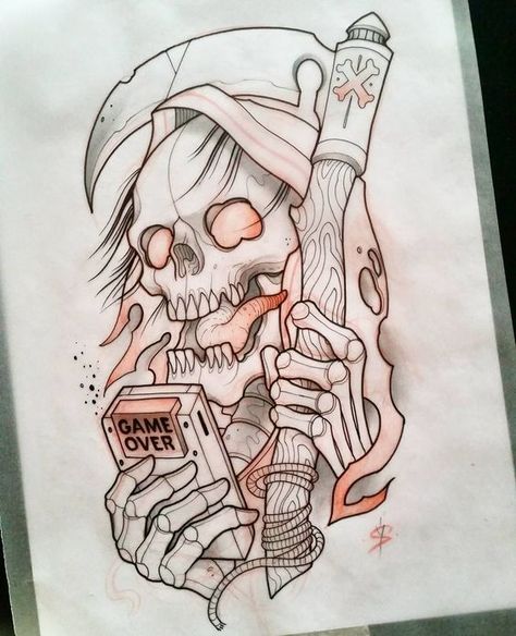 Evil Skull Tattoo, Grim Reaper Tattoo, Reaper Tattoo, Arte Doodle, Skull Art Drawing, Skulls Drawing, Geniale Tattoos, Sketch Tattoo Design, Traditional Tattoo Design