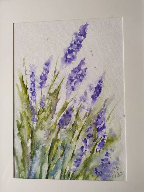 Acvarel Painting Flower, Lavender Painting Aesthetic, Lavander Painting Ideas, Acvarel Painting Ideas Easy, Lavender Plant Painting, Lavender Art Painting, Acvarel Painting, Lavender Watercolour, Watercolor Paintings Flowers