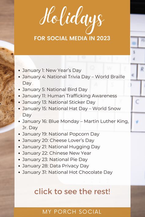 Social Media Holidays, 2023 Social Media, World Braille Day, National Hugging Day, Human Trafficking Awareness, Holidays 2023, Pie Day, Hat Day, Chocolate Day