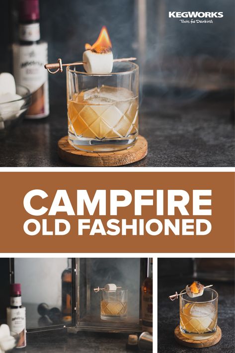 Campfire Whiskey Drinks, Fire Cocktail Drink Recipes, Marshmallow Bourbon Cocktail, Types Of Old Fashioned Drinks, S’more Old Fashioned, Marshmallow Old Fashion, Campfire Old Fashioned, Old Fashioned Drink Recipes, Marshmallow Whiskey Cocktail