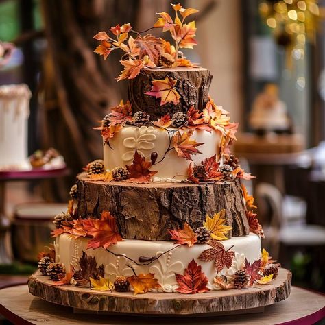 Autumn Country Wedding, Fall Theme Quinceanera, Rustic Fall Wedding Aesthetic, Fall Fantasy Wedding, Fall Theme Wedding Cake, Pumpkin Spice Wedding, Rustic Cake Design, Log Wedding Cake, Fall Themed Cake