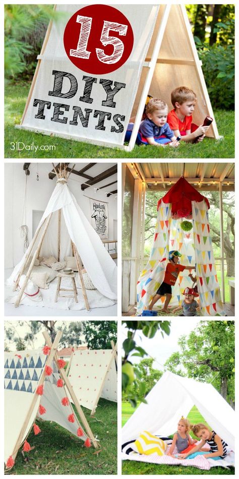 Give your kiddos a place to imagine, create adventures, and even relax with a little quiet time with these easy to DIY Kids Tents and Teepees. You will give them and you a summer to remember. Imagine serving snacks, having a little quiet time — even a nap in these darling, easy to make shelters. And... Indoor Tent For Kids, Diy Teepee Tent, Diy Kids Tent, Toddler Tent, Party Activities Kids, Diy Teepee, Backyard Tent, Indoor Tents, Thanksgiving Games For Kids