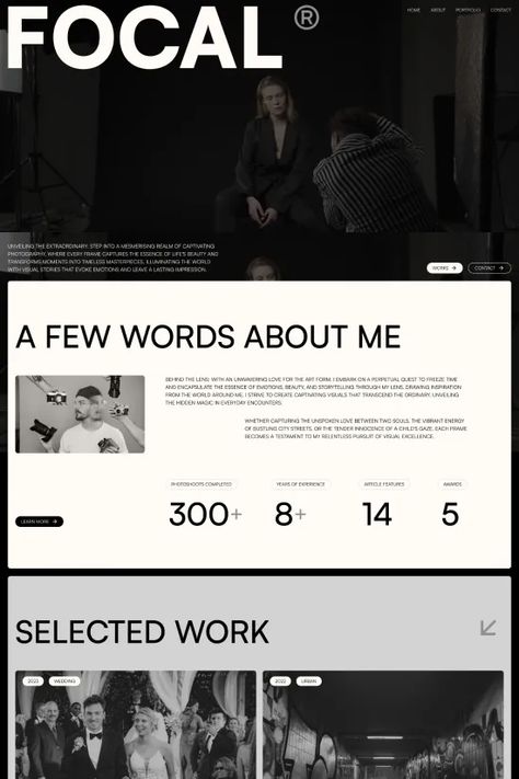 Explore Focal, a modern dark Black and White Minimalist Webflow website template. Perfect for creative professionals, this template offers a sleek design with a focus on showcasing work elegantly. Ideal for photographers, it presents a well-balanced layout and immersive user experience. Black And White Editorial Design, Elegant Website Design Layout, Website Templates Design, Black White Gold Website Design, Minimalistic Website Design Inspiration, Monochromatic Website Design, Minimalist Portfolio Website, Black And White Web Design, Creative Studio Website