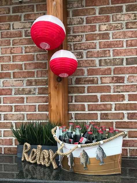 Gentleman's Fishing Party | CatchMyParty.com Fishing Theme Retirement Party Ideas, Diy Gone Fishing Party Decor, Fishing Birthday For Men, Gone Fishing Decorations, Gone Fishing Birthday Party Decoration, Fishing 50th Birthday Party, Fishing Themed Games, Fishing Party Decorations For Men, Retirement Fishing Theme