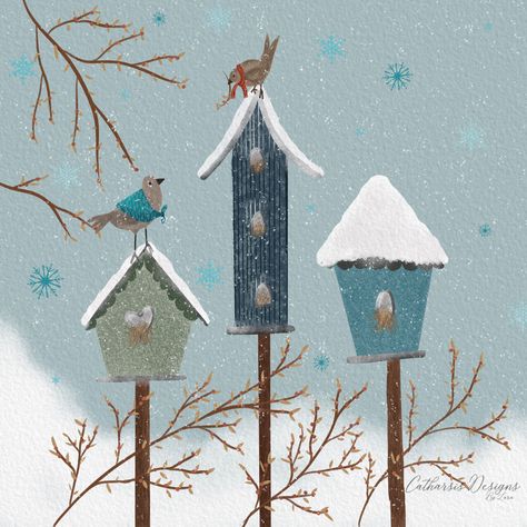 Winter Garden Illustration, Bird House Illustration, Birdhouse Illustration, Chickadee Illustration, Holiday Elements, Snow Illustration, Painted Christmas Cards, Winter Drawings, Garden Illustration