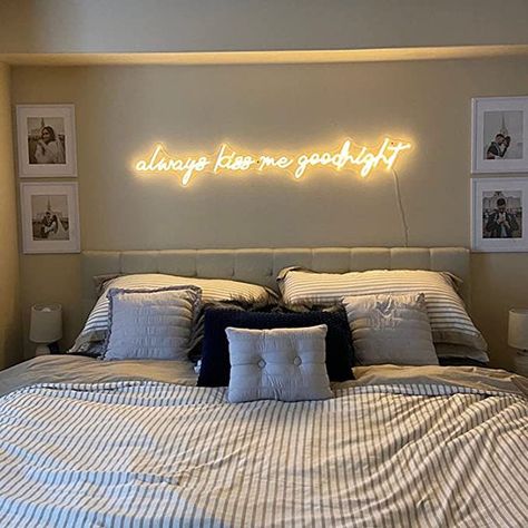 Spice up your bedroom with neon lights. Get specific customization and colors! Neon Lights Bedroom Aesthetic, Neon Bedding, Neon Sign For Wedding, Neon Lights Bedroom, Neon Bedroom, Bedroom Man Cave, Logo Neon, Sign For Wedding, Always Kiss Me Goodnight