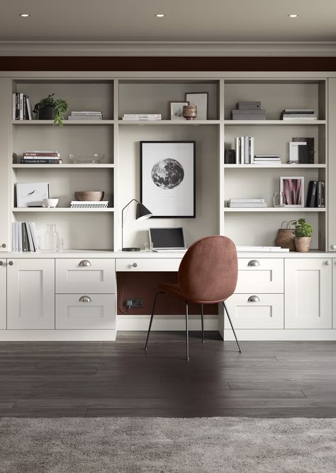 Working from home can be stylish and enjoyable with luxury home office furniture. This shaker style study has all your storage needs covered with a mixture of open and closed storage, meaning you can be more productive and relaxed. Neville Johnson, Luxury Home Office, Dividing Wall, Home Office Furniture Design, Reading Rooms, Office Built Ins, Small Home Offices, Library Room, Study Furniture