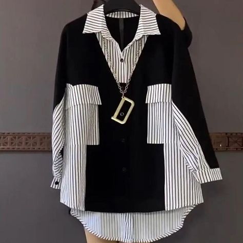 Ropa Upcycling, China Clothes, Blouse Casual Fashion, Patchwork Shirt, Straight Clothes, Shirt Female, Cardigan Top, Fashion Korean, Long Blouse