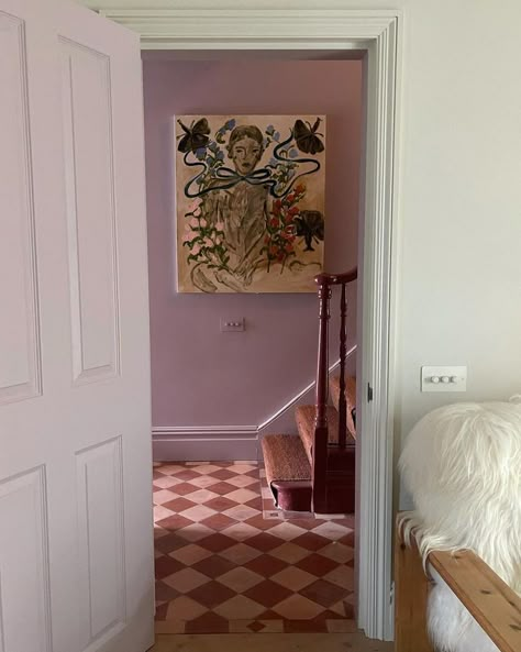 Blue Hallway Aesthetic, Monochromatic Pink Room, Powder Blue Living Room, Lucy Williams Home, Feminine House, London Homes Interior, Vintage Tile Floor, London Apartment Interior, Colorful Eclectic Decor