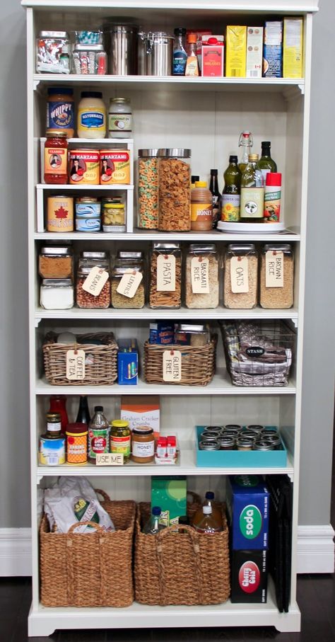 Organize Your Pantry - Steven and Chris Bestie Apartment, Bookshelf Pantry, Pantry Closet Organization, Pantry Redo, Small Kitchen Pantry, Organized Spaces, Organizing Stuff, Simple Bookshelf, Kitchen Storage Canisters