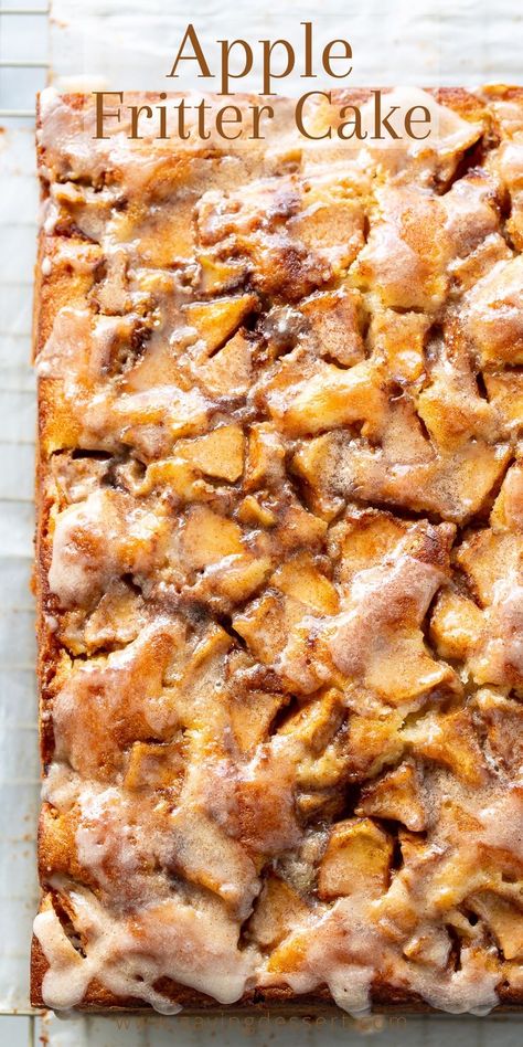 An overhead view of an apple fritter cake with a apple cider glaze Apple Fritter Cake, Baked Apple Fritters, Apple Fritter Bread, Apple Coffee Cakes, Buttermilk Cake, Apple Recipes Easy, Apple Fritter, Apple Dessert Recipes, Breakfast Sweets