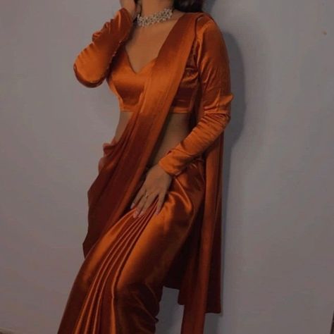 Pre-stitched copper/rust orange sarees . Brand new -blouse not included. Bridesmaid Saree, Orange Saree, Saree Designs Party Wear, Indian Fashion Saree, Satin Saree, Unique Blouse, Curvy Women Outfits, Blouse Designs Latest, Dress Indian Style