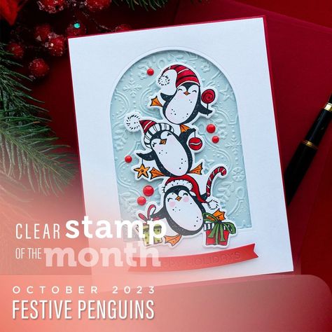 Clear Stamp & Die of the Month Club | This month's "Festive Penguins" Clear Stamp Set and Coordinating Die set is perfect for making cards, decor, and more. Join the Clear Stamp & Die of the... | By Spellbinders Paper Arts | Facebook Christmas Cards With Penguins, Spellbinders More Holiday Decorations, Penguin Xmas Cards, Penguin Cards Christmas, Penguin Cards, Penguin Christmas Cards, Spellbinders Christmas Cards, Card Sketches Templates, Christmas Penguin