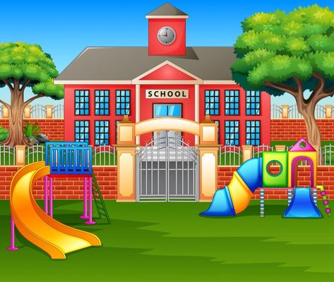 Premium Vector | Vector illustration of school building and green lawn Family Picture Cartoon, Playground Pictures, Cartoon Garden, Playground Areas, Heart Coloring Pages, Cartoon House, Birthday Cake Topper Printable, Areas Verdes, School Playground