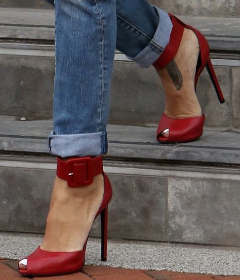 Saint Laurent "Paris" Ankle-Cuff Sandals Red High Heel Sandals, Hill Shoes, Red Hill, Red High Heels, Red High, Strap Pumps, Gorgeous Shoes, Fabulous Shoes, Hot Shoes