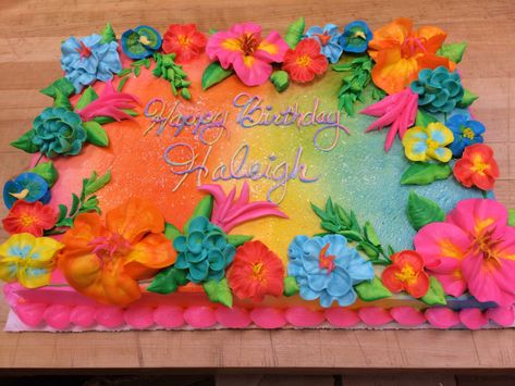 Tropical Theme Sheet Cake, Hawaiian Sheet Cake, Tropical Sheet Cake Ideas, Luau Sheet Cake, Hawaiian Cake Design, Hawaiian Cake Ideas, Tropical Cake Ideas, Bright Birthday Cakes, Hawaiian Theme Cakes