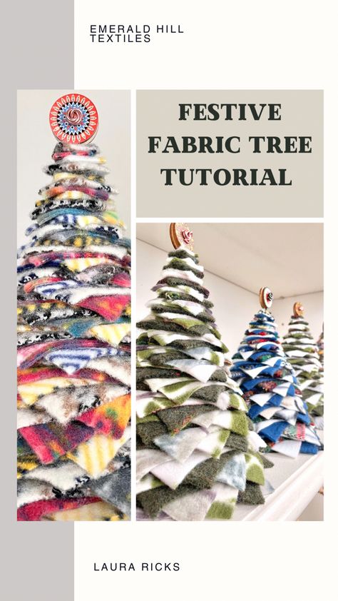 These fabric trees add the perfect homespun touch to any holiday display and are a great use for old sweaters or scrap fleece Wool Felted Christmas Tree, Rag Rug Tree, Scrap Wool Fabric Projects, Wool Trees Tutorial, Christmas Trees Made From Old Sweaters, Wool Feather Tree Tutorial, Fabric Scrap Christmas Tree, Rag Trees How To Make, Sweater Trees