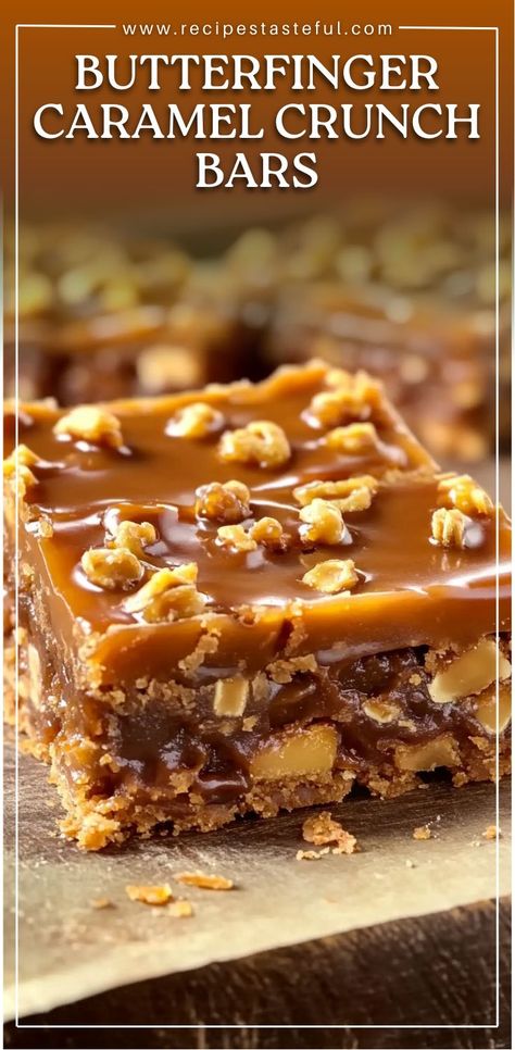 These irresistible Butterfinger Caramel Crunch Bars feature a graham cracker crust, gooey caramel, crushed Butterfingers, and a layer of semi-sweet chocolate chips. A perfect treat for any occasion. Butterfinger Candy, Crunch Bars, Caramel Crunch, Gooey Caramel, Caramel Bars, Crunch Bar, Chocolate Crunch, Chocolate Caramels, Semi Sweet Chocolate Chips