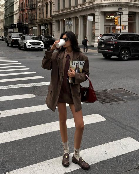 Texture play with our suede chocolate brown Peoria set, styled by @narrinanatasha. Now back in stock. #TheFrankieShop #FrankieForAll #FrankieGirl Women Outfits Formal, Loafer Outfit Ideas, Brown Loafers Outfit Women, Loafers Shoes Outfit, Black Blazer With Jeans, Nyc Outfit Ideas, Loafer Outfits, Black Patent Loafers, Casual Women Outfits