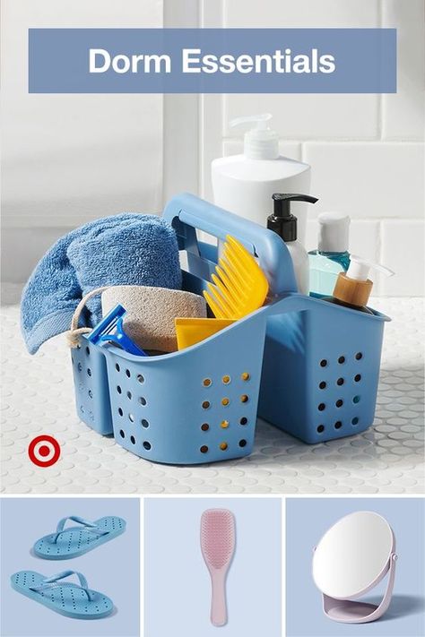 Create a self-care kit with shower essentials for your dorm or college apartment. Find everything for your everyday routine. College Shower Caddy, Dorm Gift Basket, Shower Caddy Ideas, Doorm Room, Shower Caddy College, College Dorm Organization, Bathroom Organizing, Shower Essentials, Target Inspired Home Decor