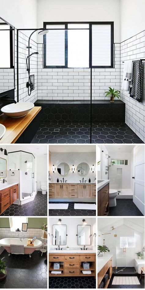 Transform your bathroom into an oasis of sophistication with the sleek, modern appeal of black hexagonal tiles. These uniquely shaped tiles are a masterclass White Bathroom Black Tile Floor, Hexagon Tiled Bathrooms, Black Honey Comb Bathroom Tile, Bathroom With Black Hexagon Floor Tile, Black Octagon Tile Bathroom Floor, Bathroom With Black Floor Tiles, Bathroom Black Hexagon Tile Floor, Black Hexagon Floor Tile Bathroom, Black Octagon Tile Bathroom