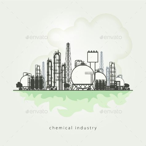 Chemical plant or refinery processing of natural resources, or a plant for the manufacture of products. Chemical factory silhouett Chemical Engineering Art, Chemical Factory, Architecture Victorian, Factory Illustration, Chemical Engineer, Engineering Art, Background Reference, Graphic Layout, Chemical Plant