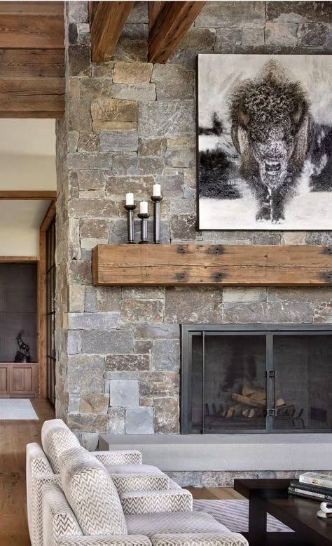 Lodge Stone Fireplace, Rustic Modern Cabin Fireplace, Modern Cabin Fireplace Ideas, Modern Lake House Fireplace, Unique Stone Fireplace, Cabin Fireplace Ideas Stone, Modern Mountain Home Interior Fireplaces, Mountain Fireplace Ideas, Indoor Stone Fireplace