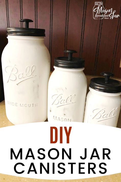 Don’t toss your Mason jars! Use them to add decorative organization to your counter space. Whether you need organizing ideas for your kitchen, bathroom, or another room in your home, these DIY Mason Jar Canisters would be perfect! Have fun customizing these Mason jar crafts to fit your home’s decor. #masonjarcrafts #diymasonjarcanisters #masonjarideas #organization #organizingideas Easy Mason Jar Crafts Diy, Mason Jar Breakfast, Mason Jar Canisters, Mason Jar Dispenser, Easy Mason Jar Crafts, Dollar Diy, Distressed Mason Jars, Mason Jar Kitchen, Diy Organizer