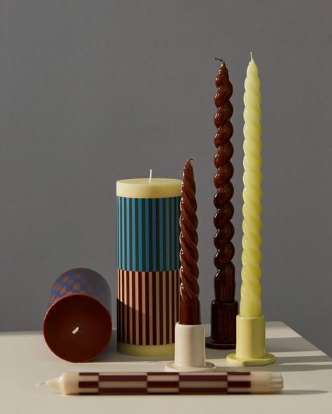 With their selection of original colours, shapes and sizes, HAY candles aren't just for burning, they are decorative objects on their own… | Instagram Photography Set Up, Brown Candles, Hay Design, Blue Army, Candle Branding, Brown And Blue, Nordic Home, Designer Candles, Beautiful Candles