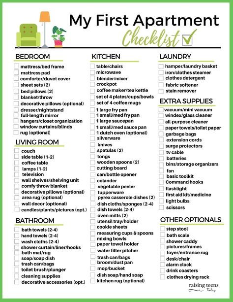 FREE PRINTABLE: My First Apartment Checklist. From furniture and kitchen necessities to cleaning supplies and all the extras, this handy list will make shopping for your first apartment (or house) a snap! #firstapartmentchecklist #firstapartment #firstapartmentchecklist #freeprintables Condo Essentials List, Apartment Move In Checklist First Time, My First Place Checklist, Future House List, House Furniture Checklist, House Necessities List First Apartment, List Of Everything You Need For A House, Apartment Buying Checklist, First Time Living On Your Own List