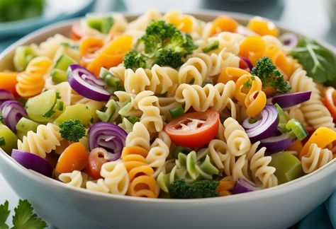 Rainbow Pasta Salad - Tastylicious Rainbow Noodles, Light Italian Dressing, Rainbow Pasta Salad, Rainbow Pasta, Pasta Fresh, Salad Recipe Ideas, Rotini Pasta, Chicken Pasta Salad, Italian Dressing