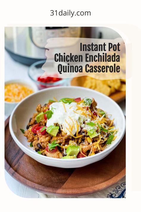 This simple Instant Pot Chicken Enchilada Quinoa Casserole recipe is an easy-to-make, one-pot bowl meal, much like a burrito bowl, that’s full of the Mexican enchilada flavors we love. Involving barely any prep work this delicious Instant Pot Chicken Enchilada Casserole recipe is ready in just 15 minutes! Chicken Enchilada Quinoa, Quinoa Enchilada Casserole, Instant Pot Quinoa, Quinoa Casserole, 31 Daily, Pot Recipes Healthy, Chicken Enchilada Casserole, Chicken Quinoa, Pressure Cooker Chicken