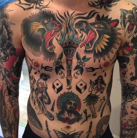 Tattoos | Traditional chest tattoo, Traditional tattoo man ... #tattooideas #chesttattoos American Traditional Chest Tattoo, Traditional Chest Tattoo, Traditional Tattoo Man, Traditional Chest, Tato Tradisional, Traditional Black Tattoo, Chest Tattoo Ideas, Tattoo Chest, Torso Tattoos