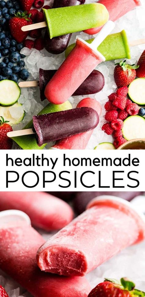 This Homemade Fruit Popsicle recipe is an easy, healthy and refreshing summer treat or snack!  These popsicles are made with only 5 ingredients including fresh fruit and vegetables, in 5 minutes (plus freezing time)! Make a variety of flavors by using different combinations of fruits, juices, and yogurts! A great healthy dessert to enjoy after a day of fun in the sun! #popsicles #fruitpopsicles #homemadepopsicles #healthydessert #popsiclerecipe Fruit Popsicle Recipes, Homemade Fruit Popsicles, Healthy Summer Treats, Healthy Popsicle Recipes, Healthy Fruit Desserts, Healthy Popsicles, Desserts Keto, Fruit Popsicles, Homemade Popsicles