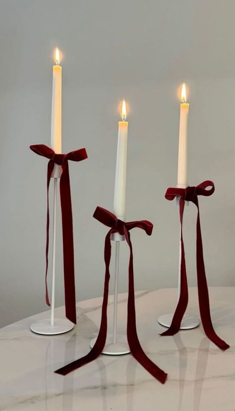 Red Party Asthetics, Party Decorations Apartment, Bows On Candles, Candles With Bows, Christmas Candle Aesthetic, Winter Birthday Aesthetic, Candle With Ribbon, Bow Candle, Candle Ribbon