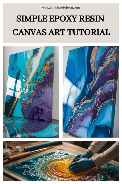 Abstract epoxy resin art tutorial showcasing vibrant blue and purple canvases and an artist creating an ocean-inspired piece. Resin Pour Art Techniques, Resin On Canvas Tutorial, Epoxy Resin Art Painting, Resin Canvas Art, Canvas Resin Art, Resin Art On Canvas, Resin Pour Art, Canvas Art Tutorial, Canvas Techniques