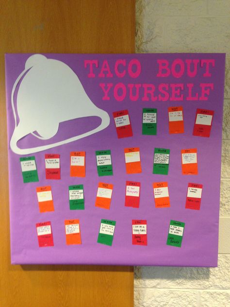 Taco Bell themed welcome board with sauce packets! Taco Bell Bulletin Board, Taco Bell Decorations, Funny Bulletin Board Ideas, Kudos Board For Work, Kudos Board, Dog Bulletin Board, Hall Themes, Res Life Bulletin Boards, Taco Bell Sauce