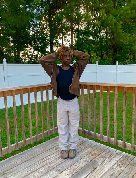 Jacket: Brandy Mellville, Shoes:Yeezy, Cargos:Thrifted, shirt:hanes Yeezy 500 Granite Outfit, Yeezy 500 Outfit Women, Yeezy 500 Outfit, Yeezy 500 Granite, Locs Color Ideas, Women Cargo Pants Outfit, Cargo Pants Outfit Street Style, Locs Color, Outfit Street Style