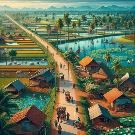 Rural house landscape 🏞🏡Beautiful picture created by : អាណាចក្រសម្រស់ [[ Beauty Empire ]] 🇰🇭#AIArt #AIFashion #AIDreamImage Beautiful Villages Nature, Village Background Indian, Countryside Artwork, Village Landscape Painting, Village Scene Drawing, Farmer Painting, Village Background, Job Change, Iconic Paintings