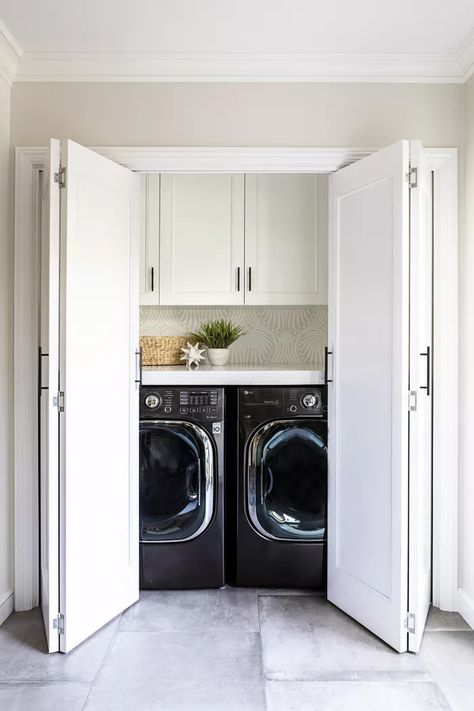 How to Create the Perfect Washer Dryer Closet Washer And Dryer Closet, Closet Washer And Dryer, Washer Dryer Closet, Hidden Laundry Rooms, Converted Closet, Laundry Doors, Blue Laundry Rooms, Hidden Laundry, Stackable Washer And Dryer