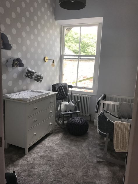 Grey Carpet Nursery Ideas, Grey Carpet Nursery, Grey Panelling Nursery, Nursery Ideas Grey Carpet, Nursery Grey Carpet, Grey Nursery Wallpaper, Grey White And Beige Nursery, Grey Nursery Ideas, Grey Change Table