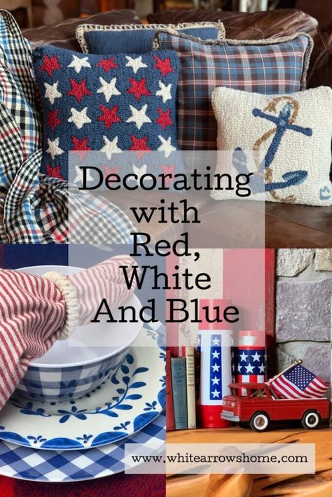 How To Decorate A Sideboard, Decorating With Red, Red White Blue Decorations, Patriotic Porch, Summertime Decor, Blue Shelves, Patriotic Food, Blue Living Room Decor, Buffet Decor