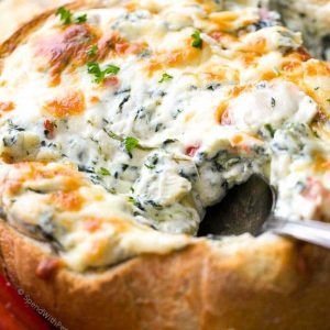 Hot Spinach and Artichoke Dip (in a bread bowl) - Spend With Pennies Hot Spinach And Artichoke Dip, Cheesy Recipes Easy, Bread Bowl Dip, Best Spinach Artichoke Dip, Spinach And Artichoke Dip, Spinach Dip Recipe, Artichoke Dip Recipe, Spend With Pennies, Bread Bowl